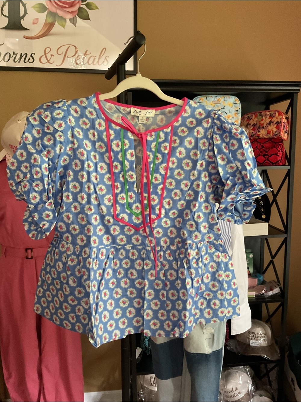 She + Sky Blue Floral Peplum Top with Pink Trim